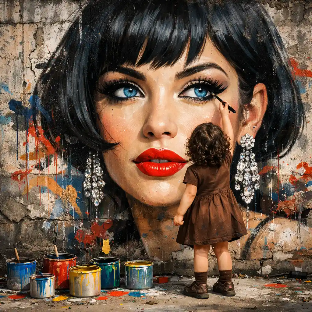 Little girl painting glamorous street art portrait on wall