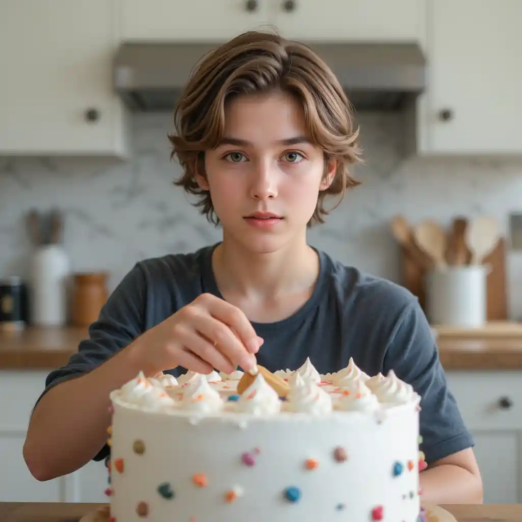 Junger Mann dekoriert einen Kuchen in einer hellen Küche