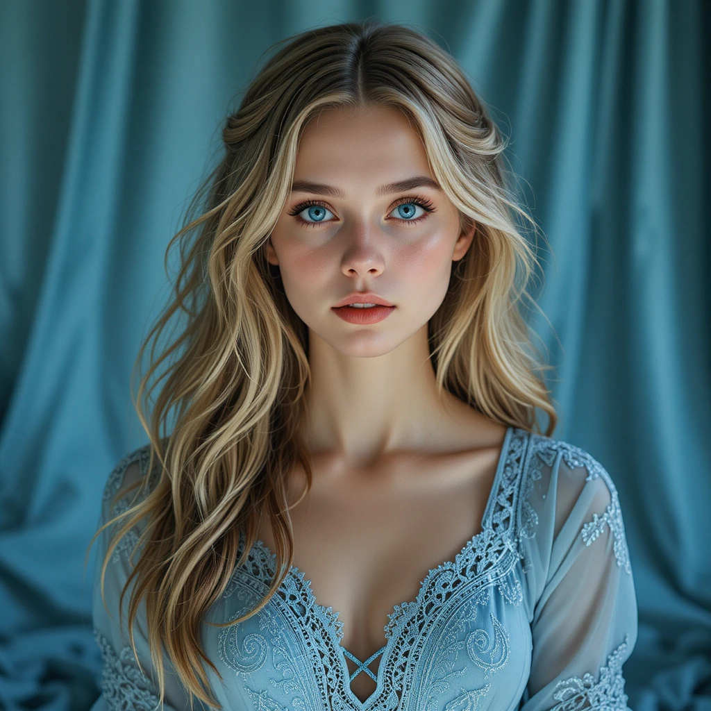 Jeune femme blonde en robe en dentelle bleue sous une lumière douce