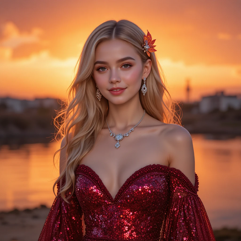Blonde girl in red sequin gown at glowing sunset