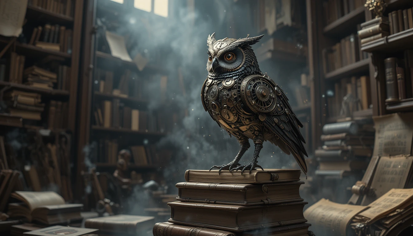 Búho de relojería sobre libros antiguos en una biblioteca sombría