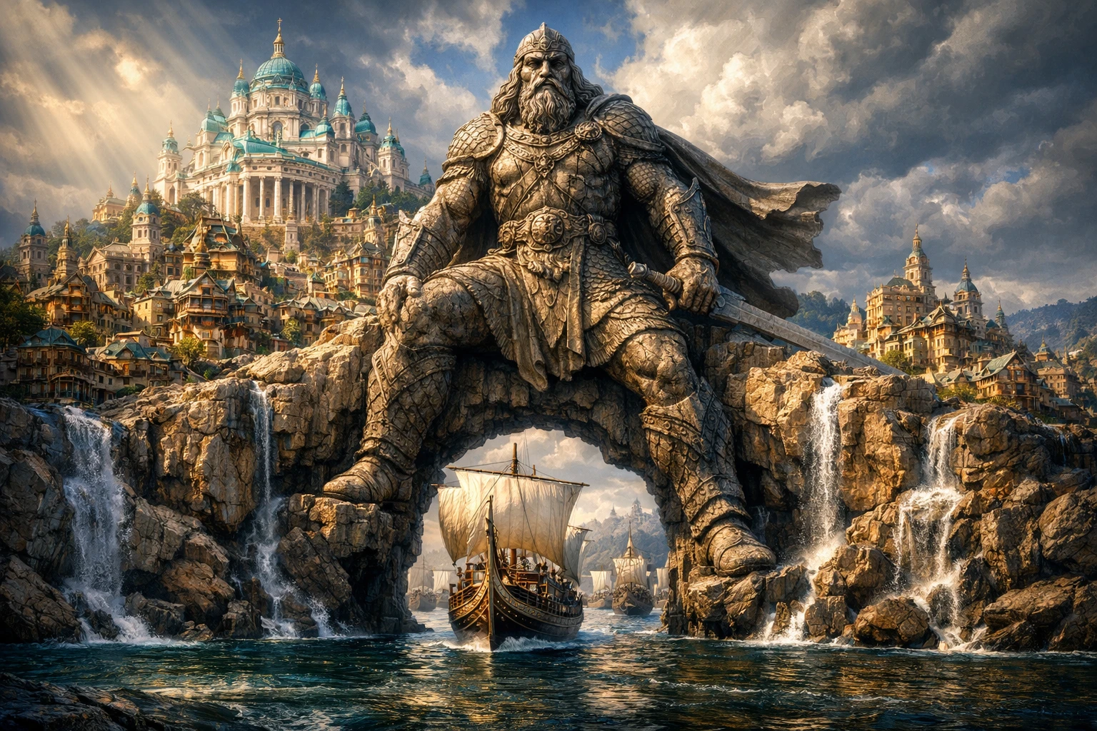 Majestic fantasy harbor city with colossal warrior statue