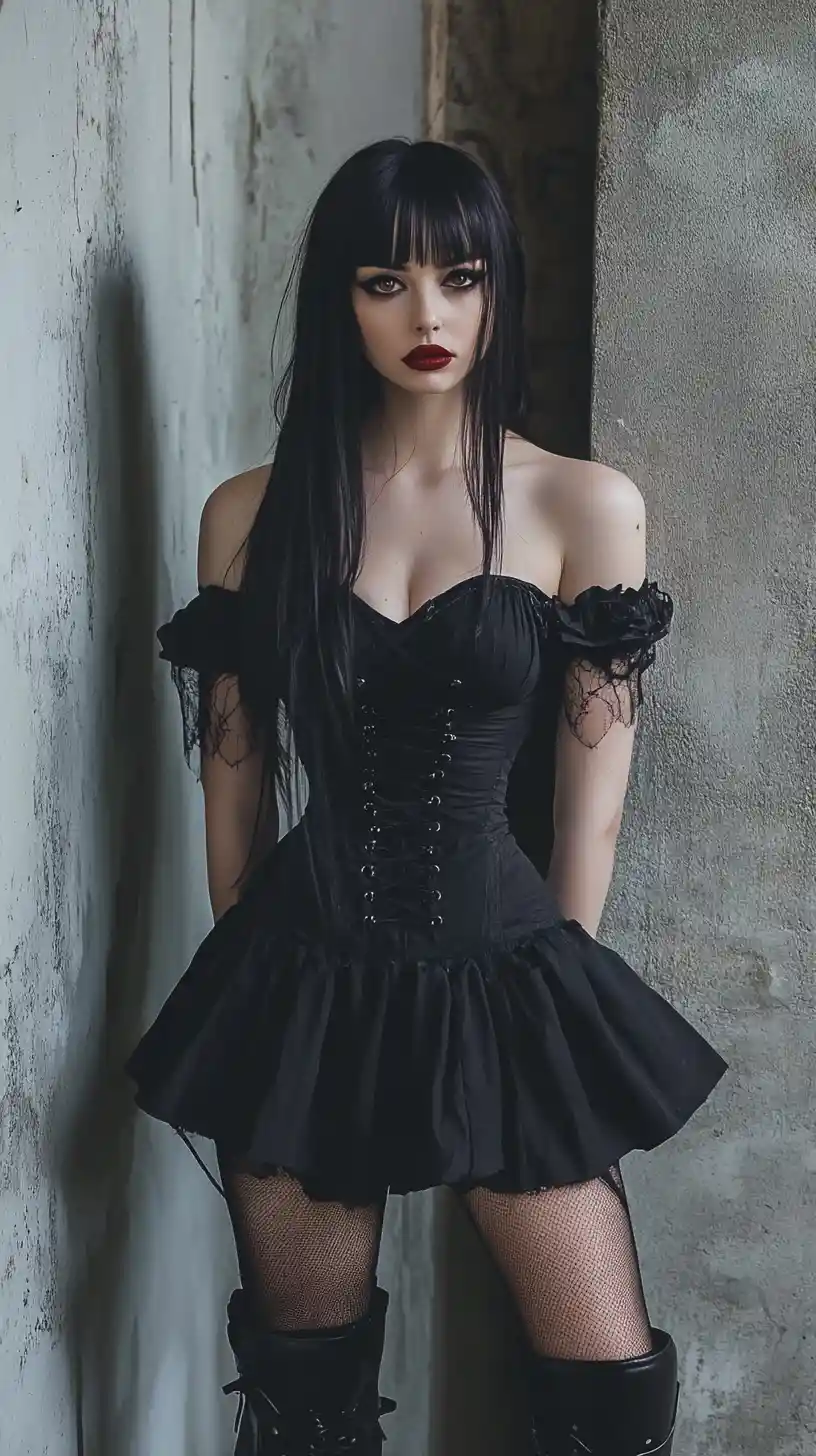 Gothic fashion woman in black dress in urban alley