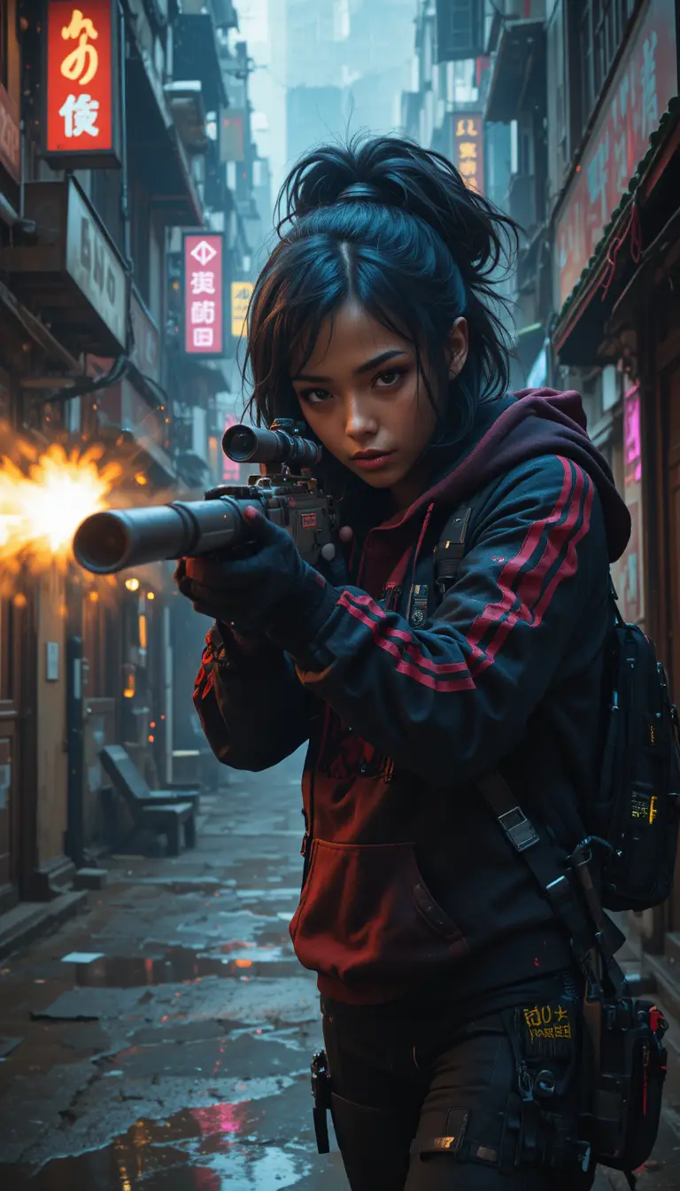 Afrofuturistic girl firing rifle in neon city alley