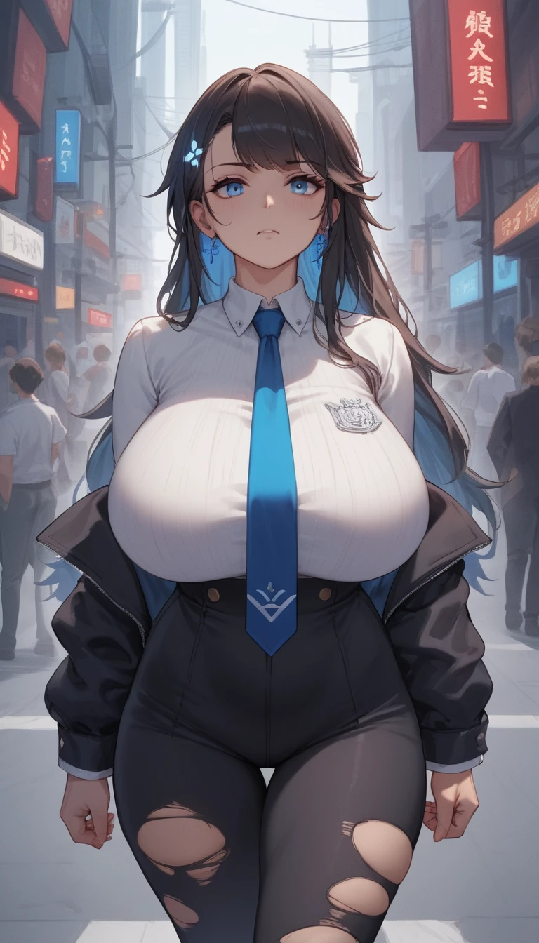 Young anime woman in shirt and tie in public space