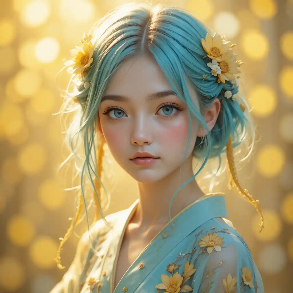Anime girl with turquoise hair in floral blue kimono
