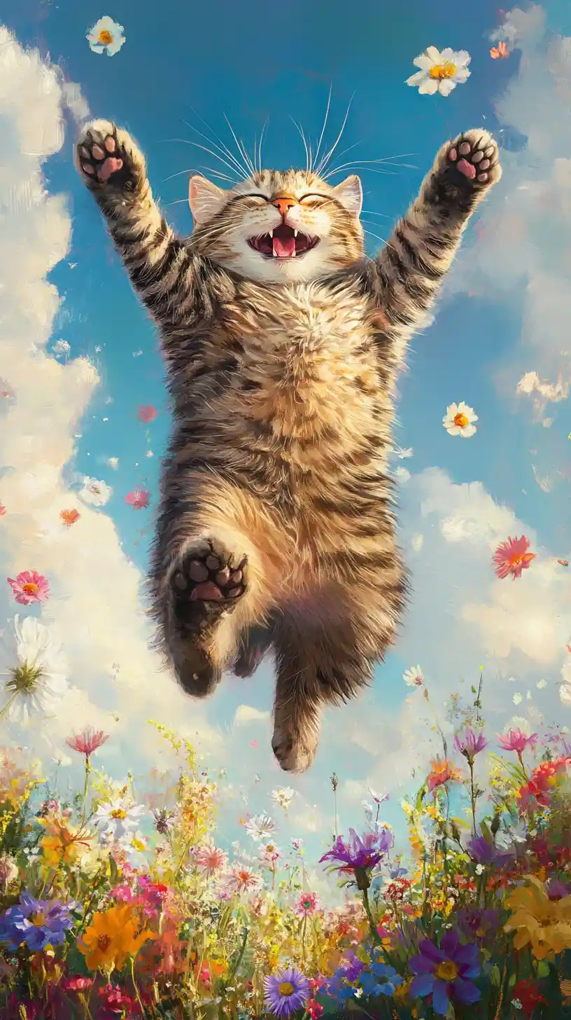 Joyful jumping cat in a bright wildflower meadow