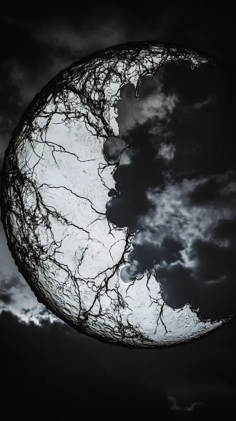 Cracked moon silhouette spilling silver light over warped city