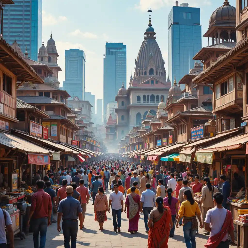 Colorful Indian city marketplace under a bright sunny sky