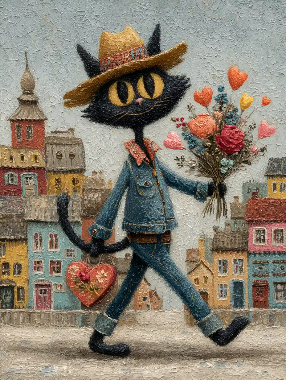 Whimsical black cat in hat walking down sunny street