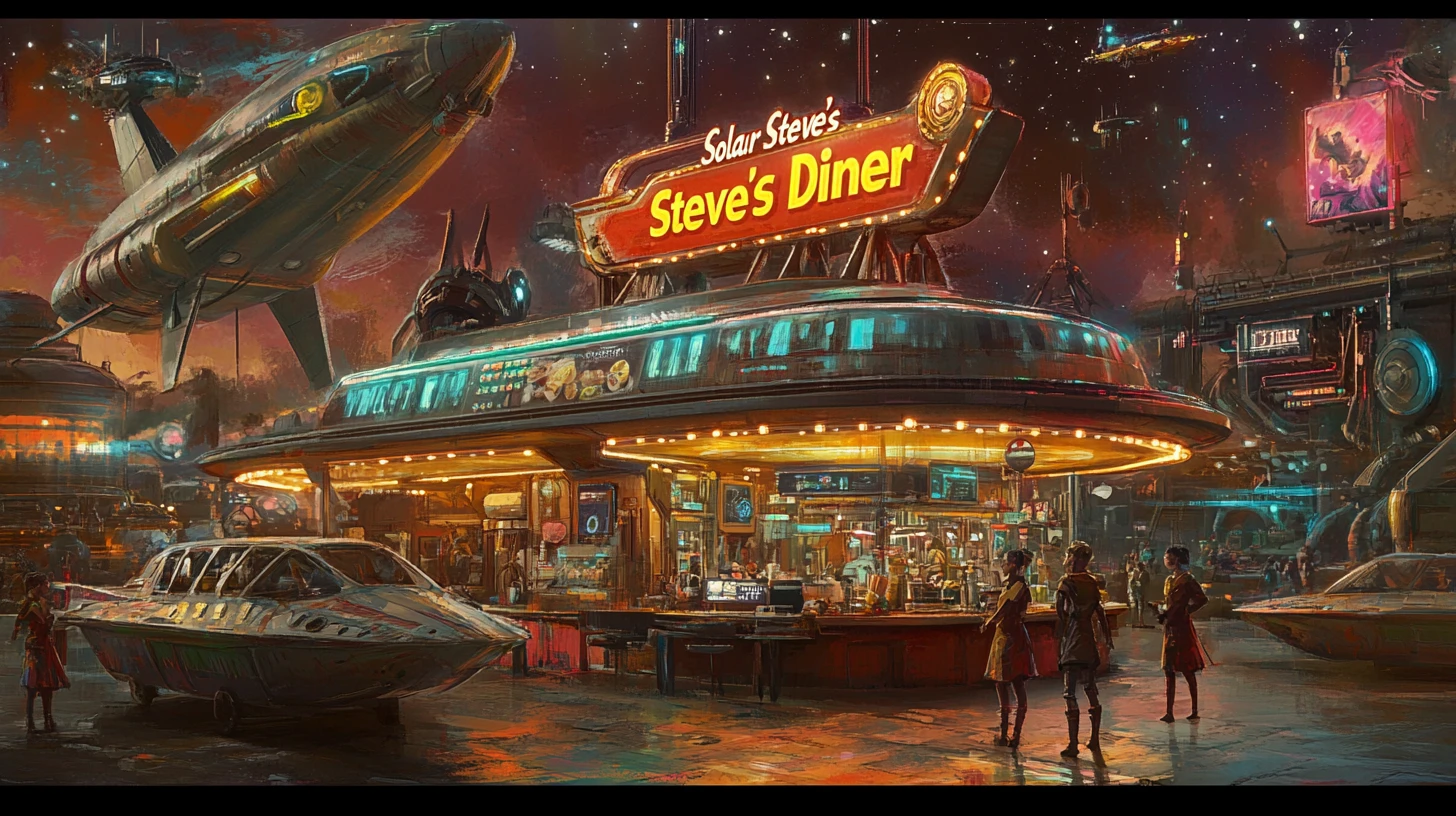 Colorful retro space diner bustling with friendly activity
