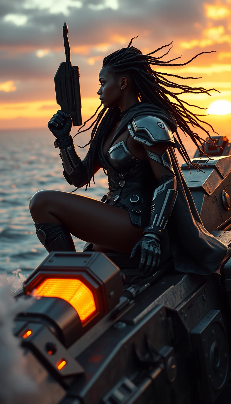 Afrofuturistic warrior woman on mech overlooking ocean sunset