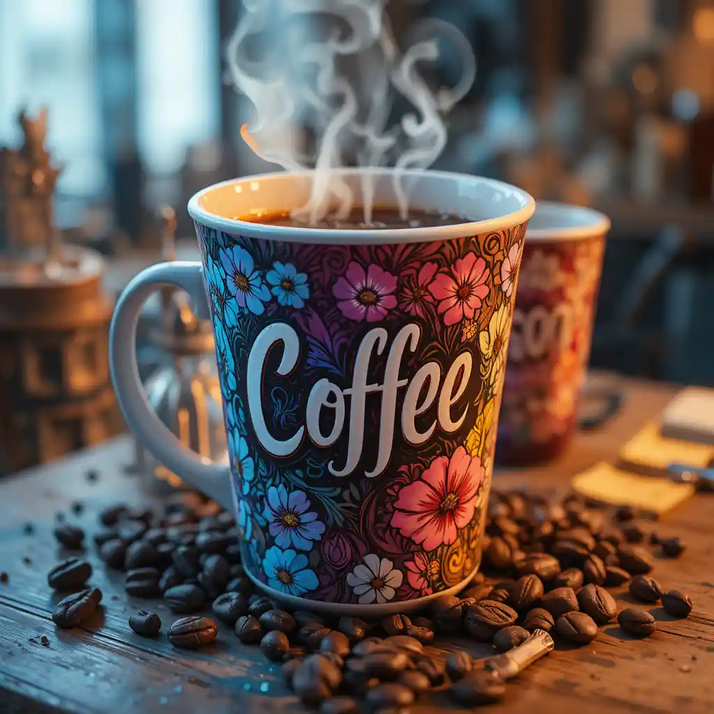 Renderização 3D estilizada de xícaras de café perfeitamente organizadas