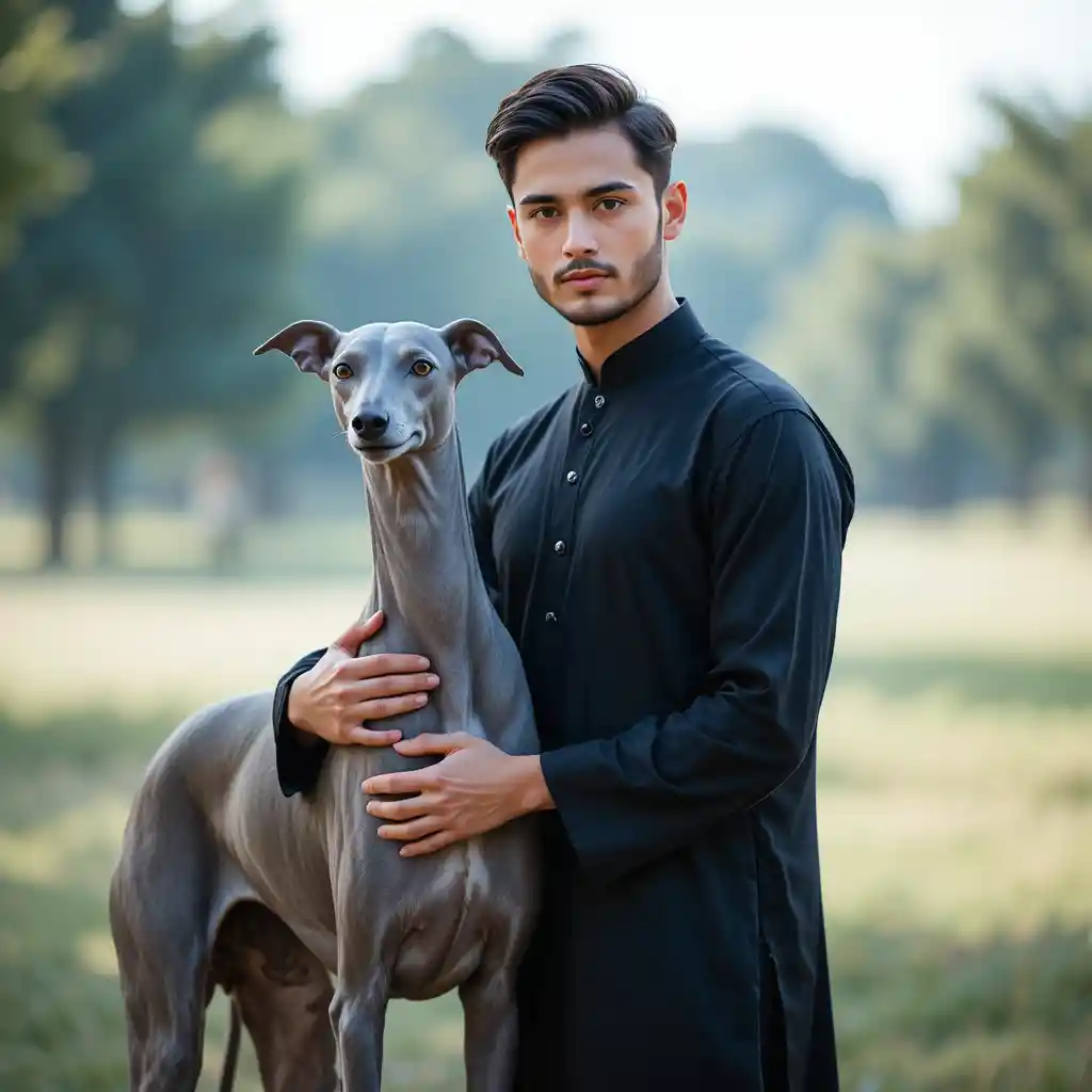 黒い伝統的なシャルワールカミーズを着た男性とグレイハウンドの屋外ポートレート