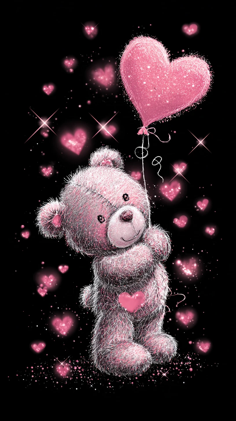 Niedlicher Teddybär mit Herzballon vor schwarzem Hintergrund