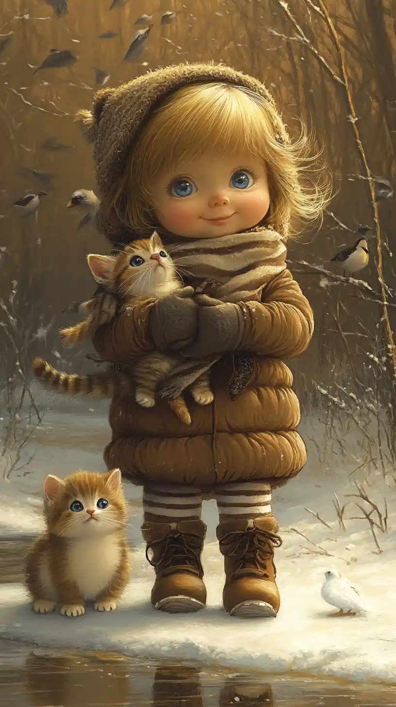 Child walking with kitten by a frozen forest pond