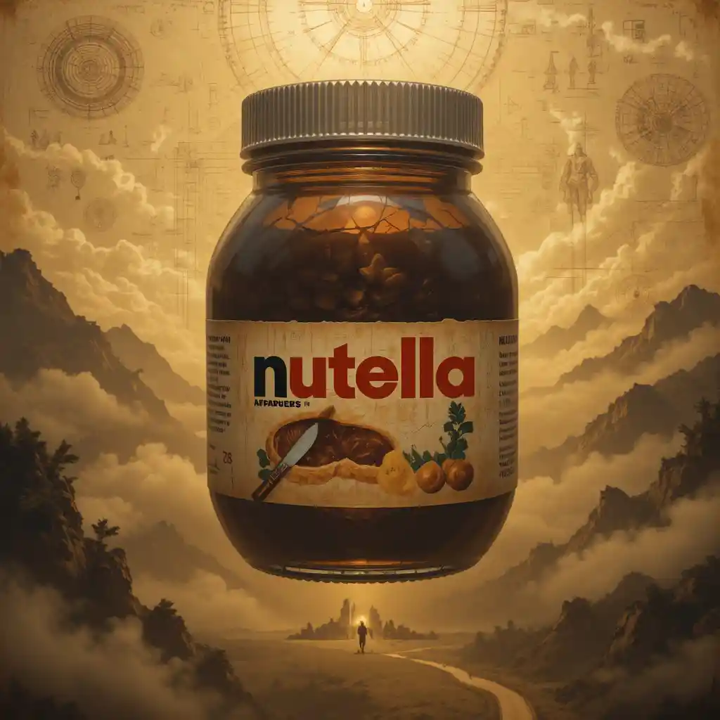 Surreal dreamscape with floating chocolate jar in soft golden light