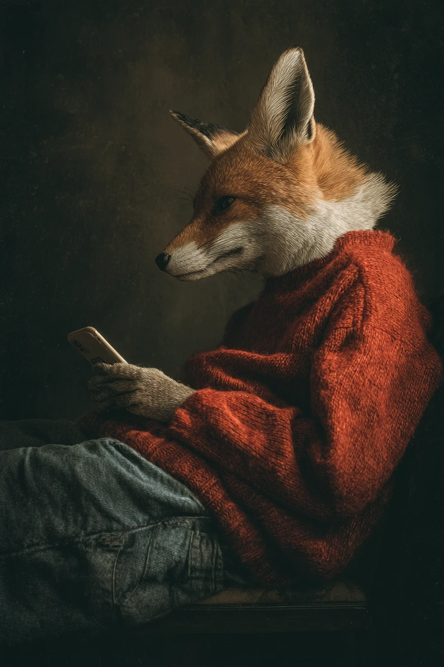 Zorro antropomórfico con suéter rojo enviando mensajes en su smartphone