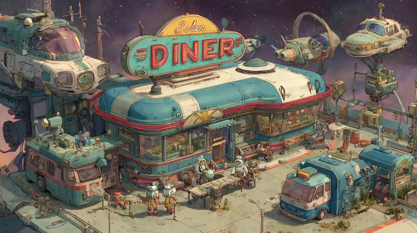 Colorido restaurante espacial lleno de naves y camareras con botas cohete