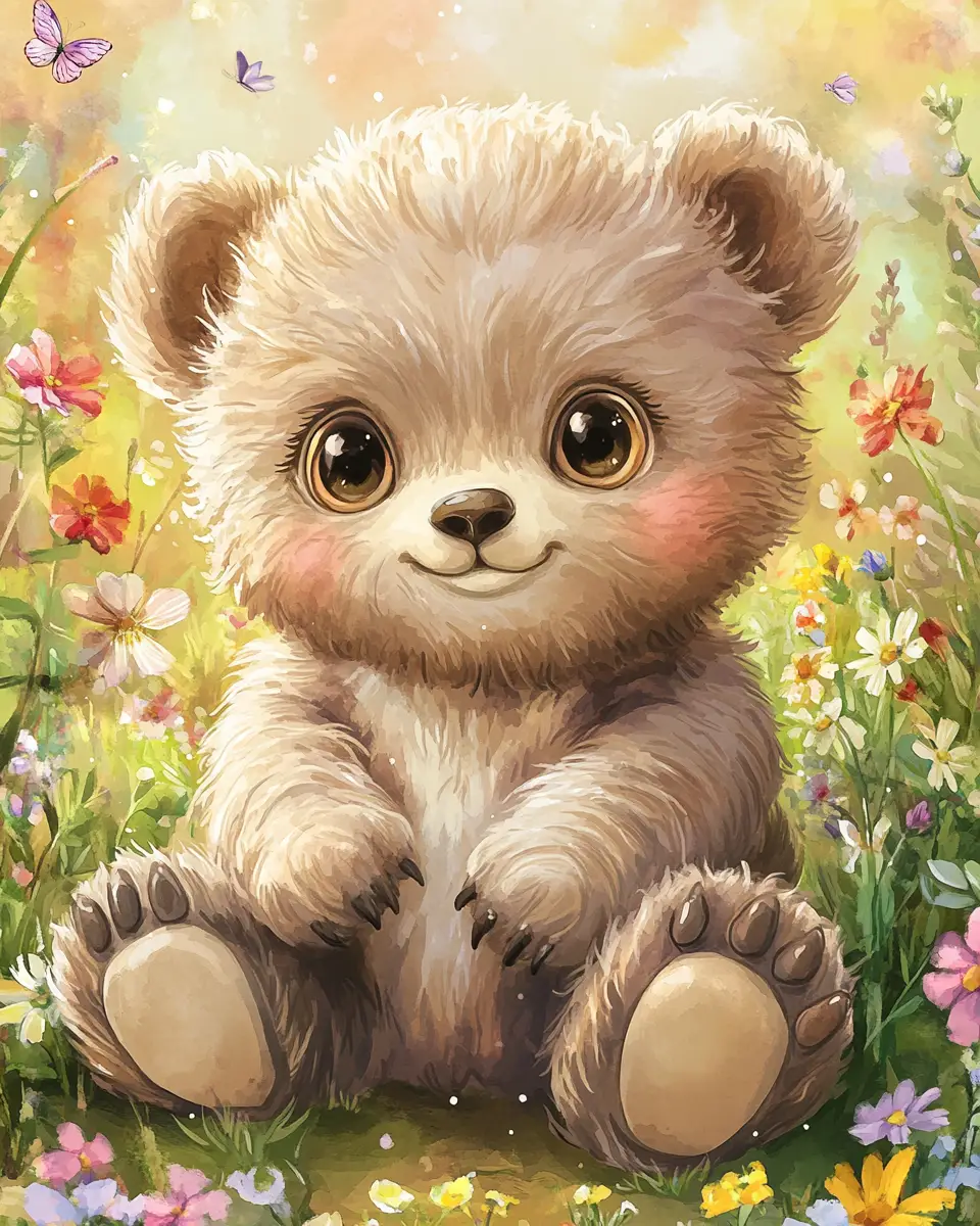 Cute baby bear cub in watercolor flower meadow