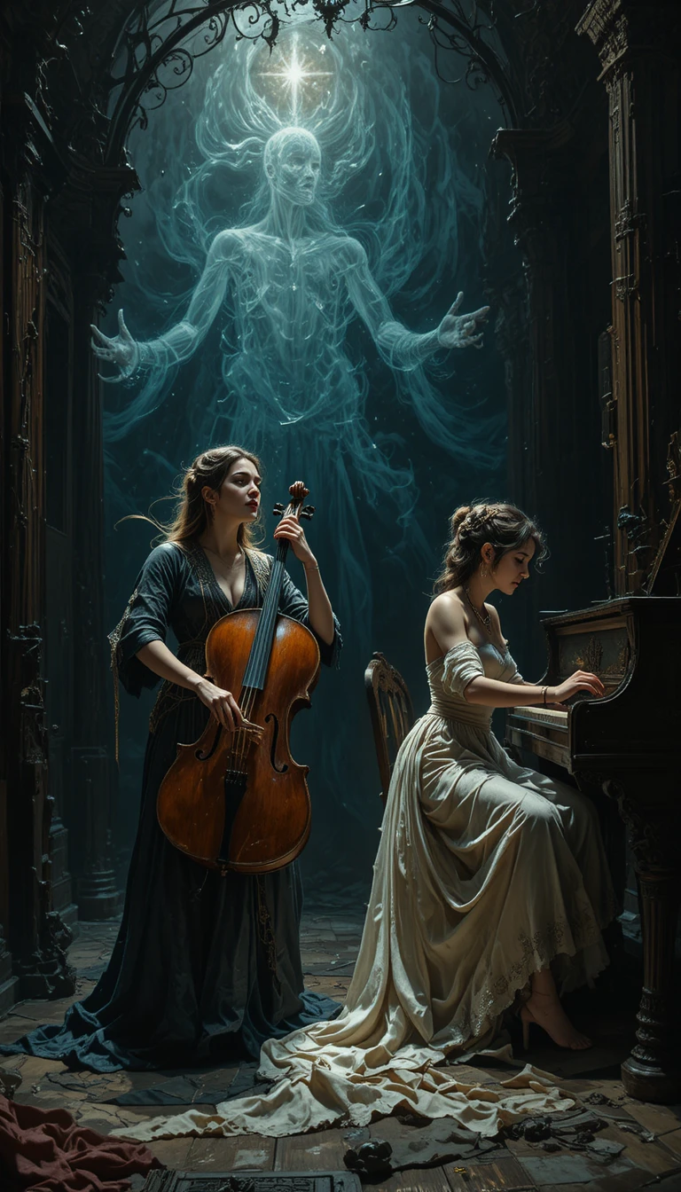 Female cellist and pianist performing on a dark stage