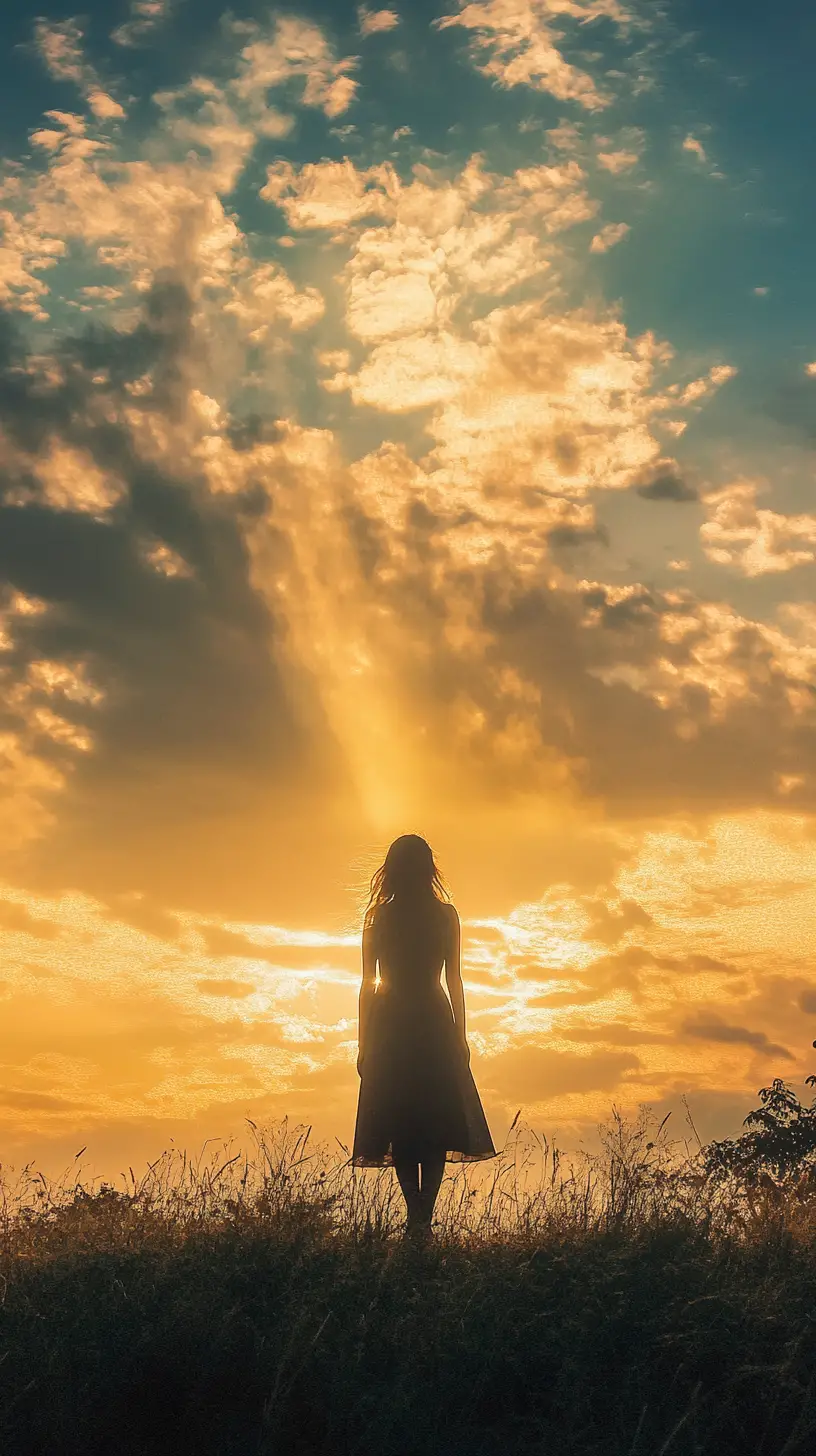 Woman on grassy ridge under radiant golden hour sky