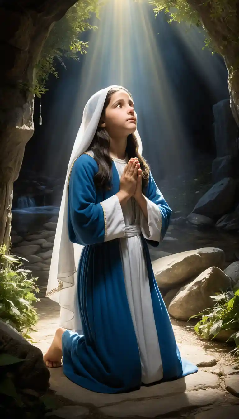 Young girl praying before a glowing Marian apparition