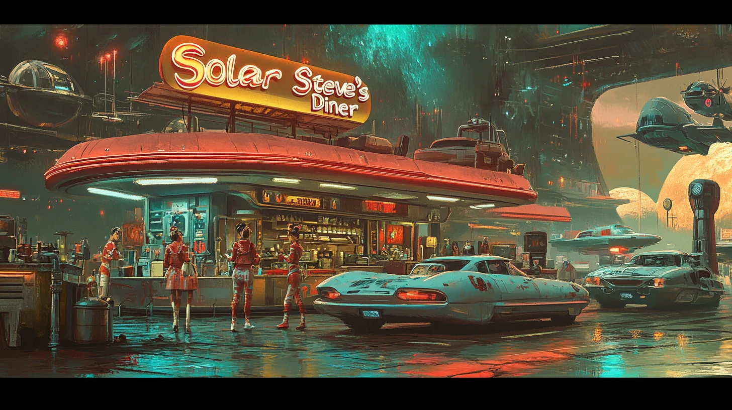 Retro space diner bustling with ships and rocket boot waitresses