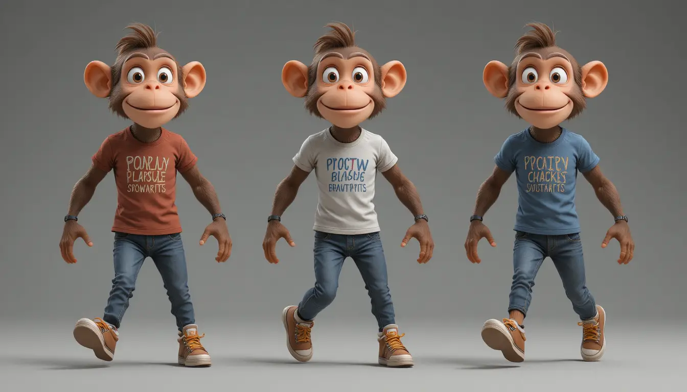 Cartoon monkey character walking in casual jeans and T shirt