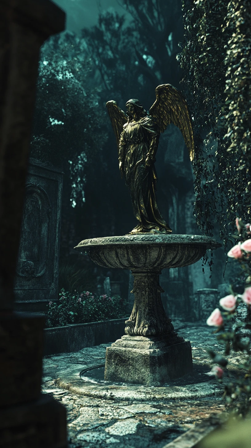 Fonte de pedra ornamentada com anjo em um jardim de verão escuro