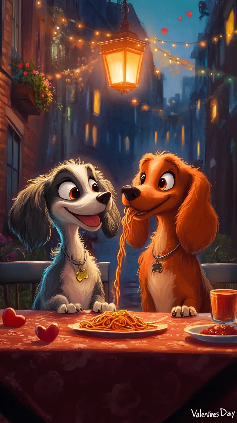 Romantic Dogs Sharing Spaghetti In A Cozy Restaurant
