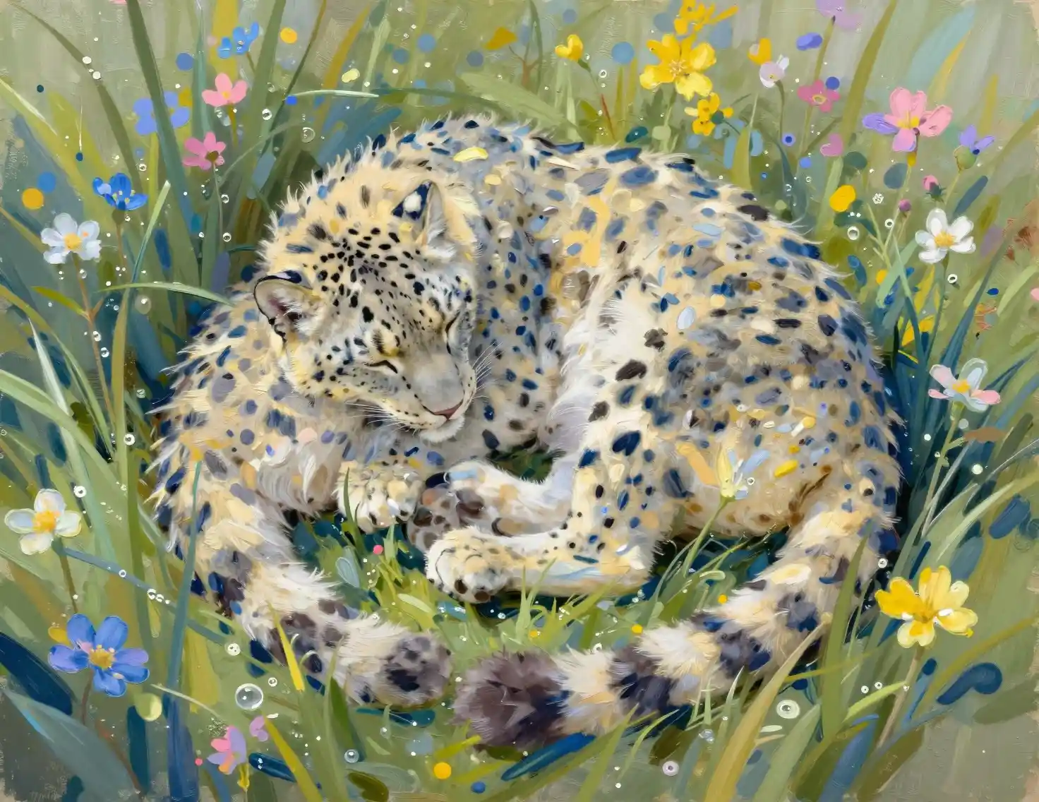 Sleeping snow leopard curled in a sunlit spring meadow