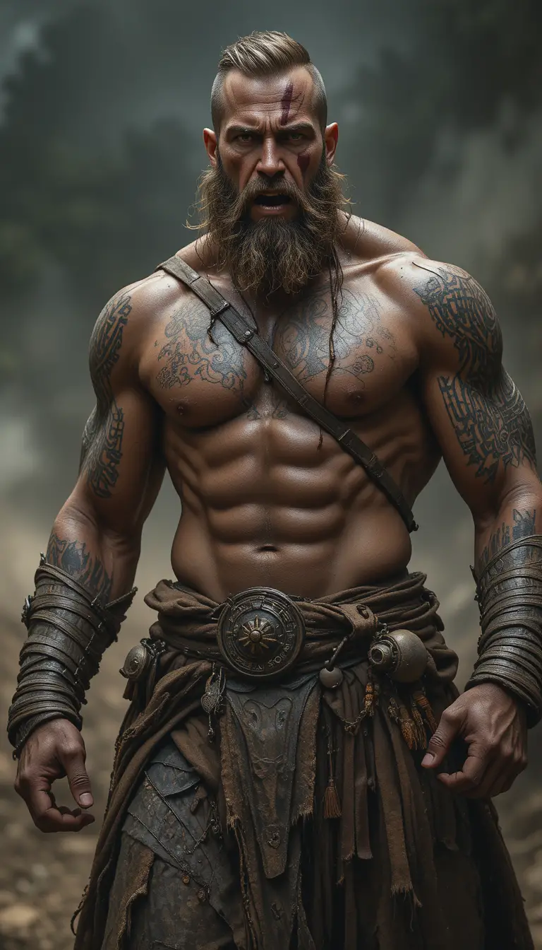 Scarred tribal warrior poised to charge into battle