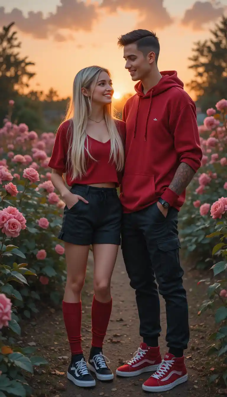 Young couple standing in a rose garden at sunset