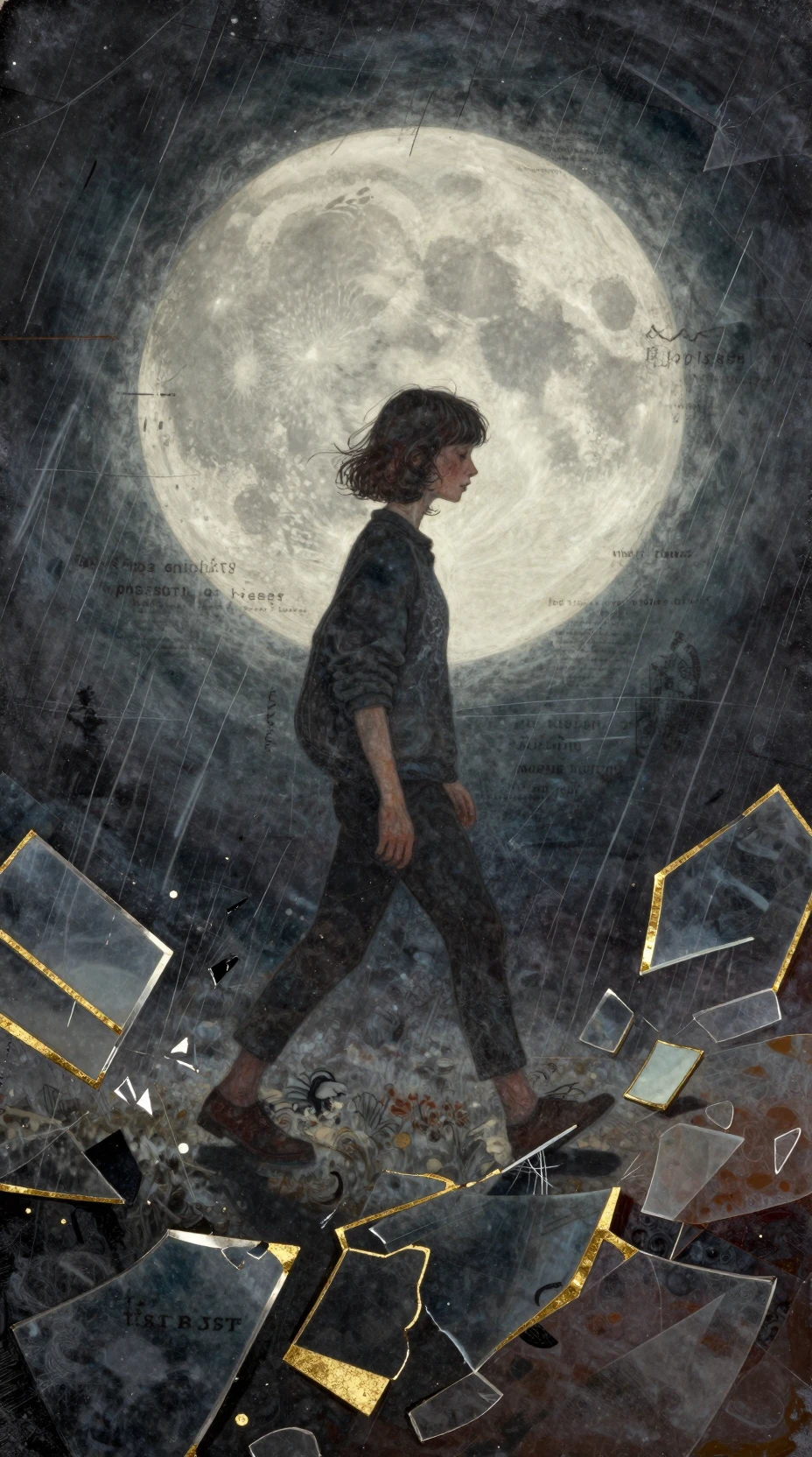 Whimsical collage of a lone figure in swirling golden memories