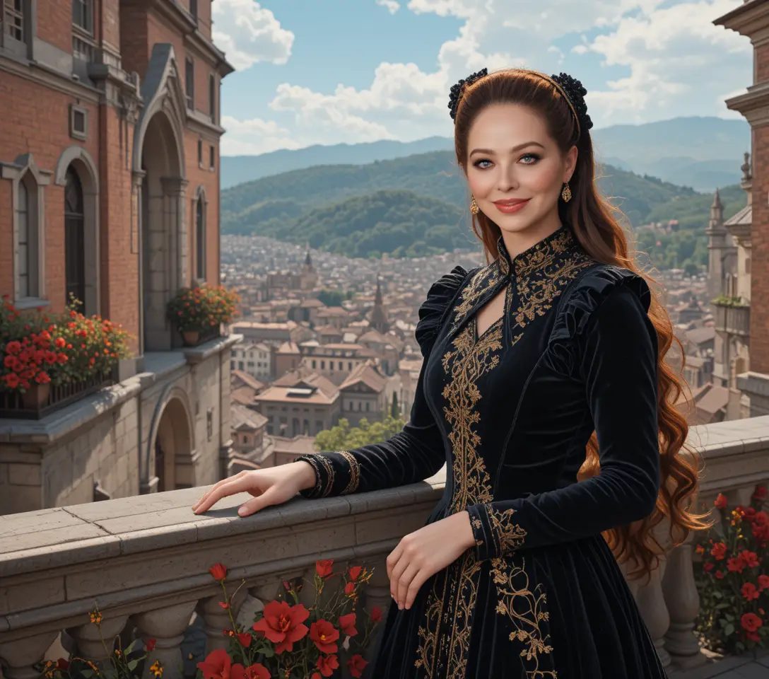 Red haired woman on a medieval balcony overlooking city