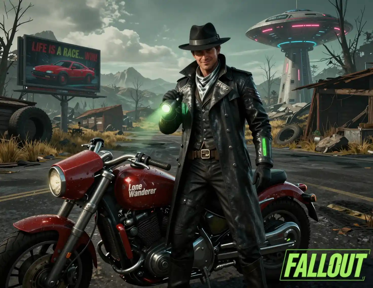 Sci fi detective with motorcycle in a ruined wasteland