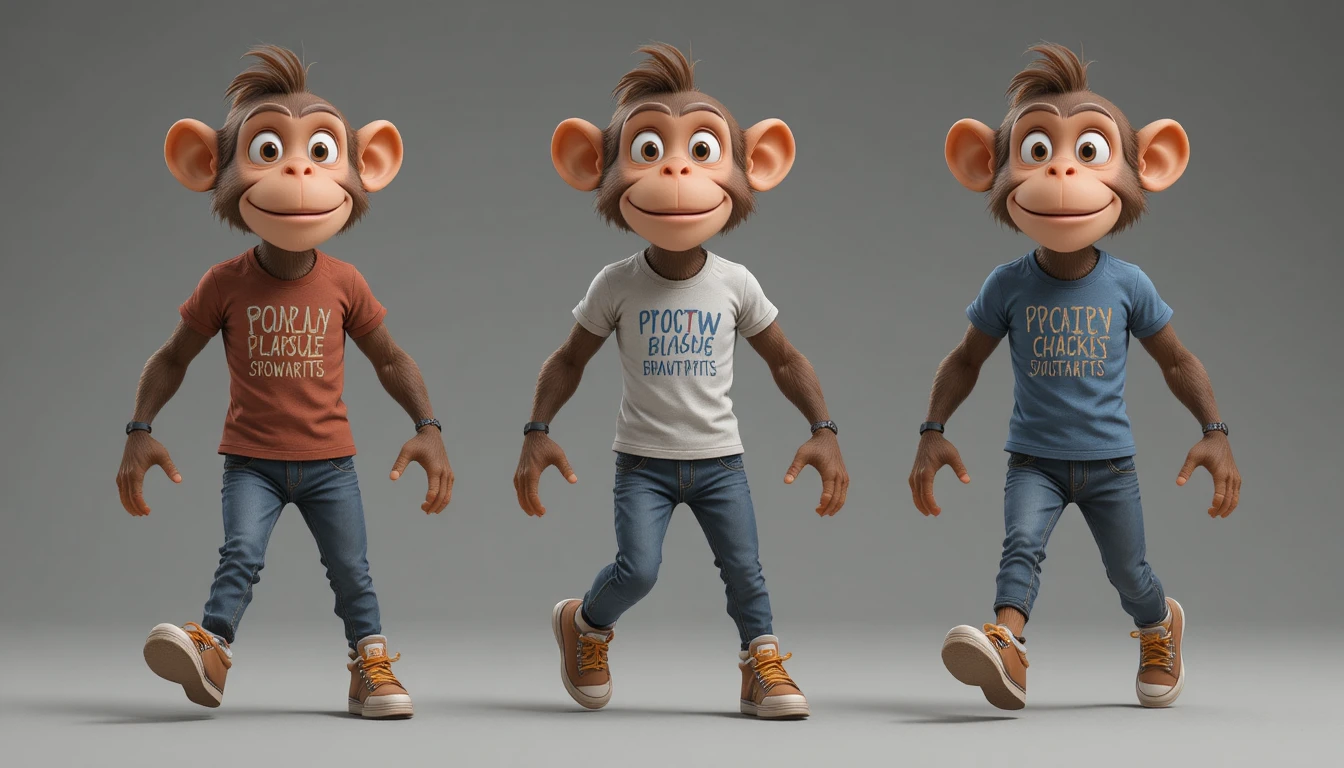 Cartoon monkey character walking in casual jeans and T shirt