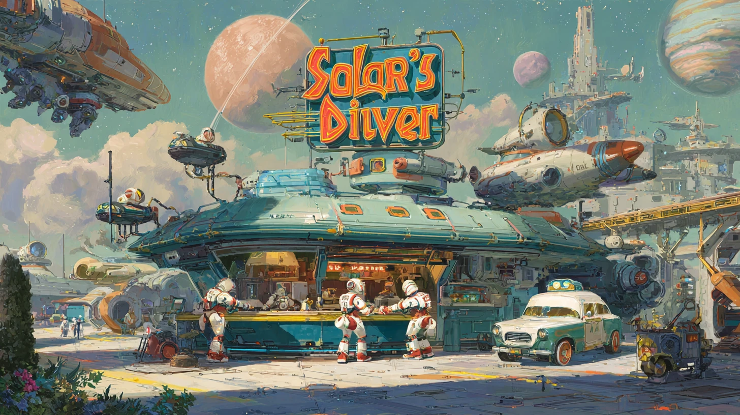 Colorful space diner on a remote orbital station