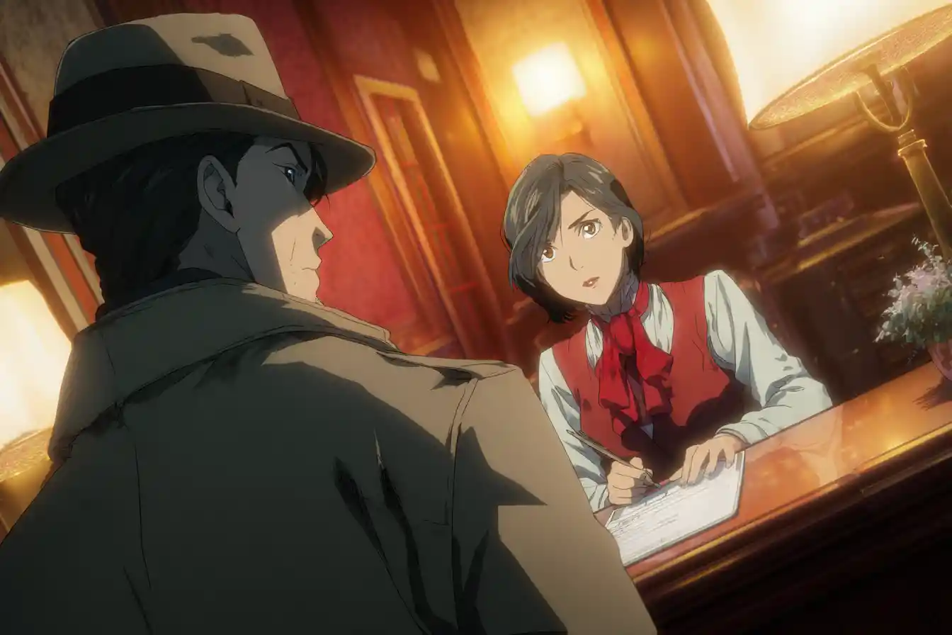 Anime detective questioning clerk in a dark hotel lobby