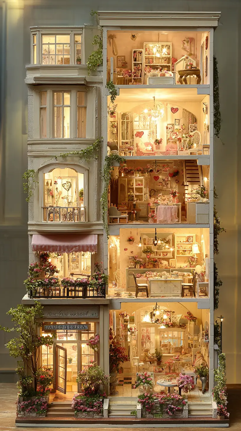 Cozy miniature apartment cross section with charming cafe