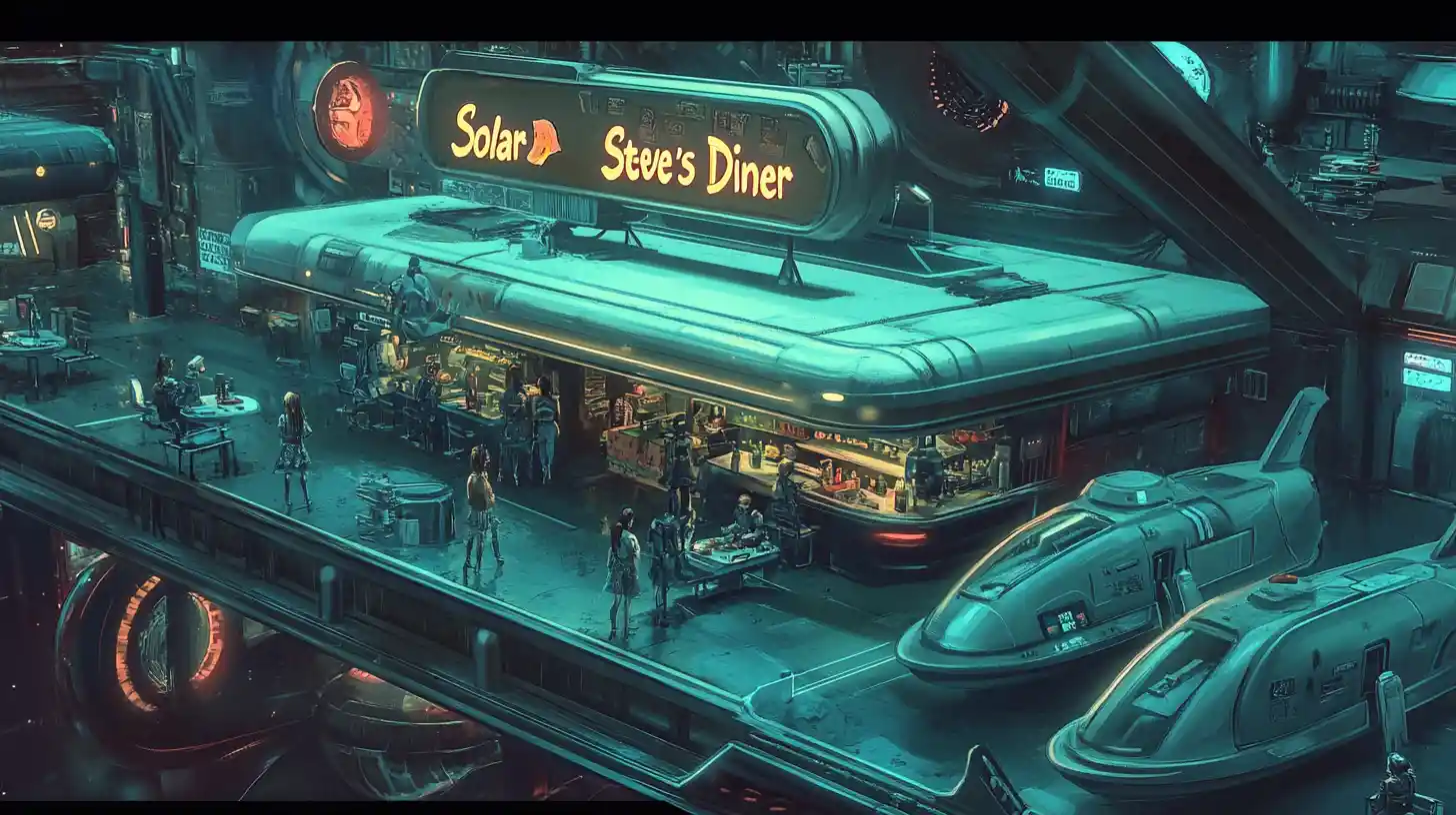Retro space diner bustling with visiting family starships