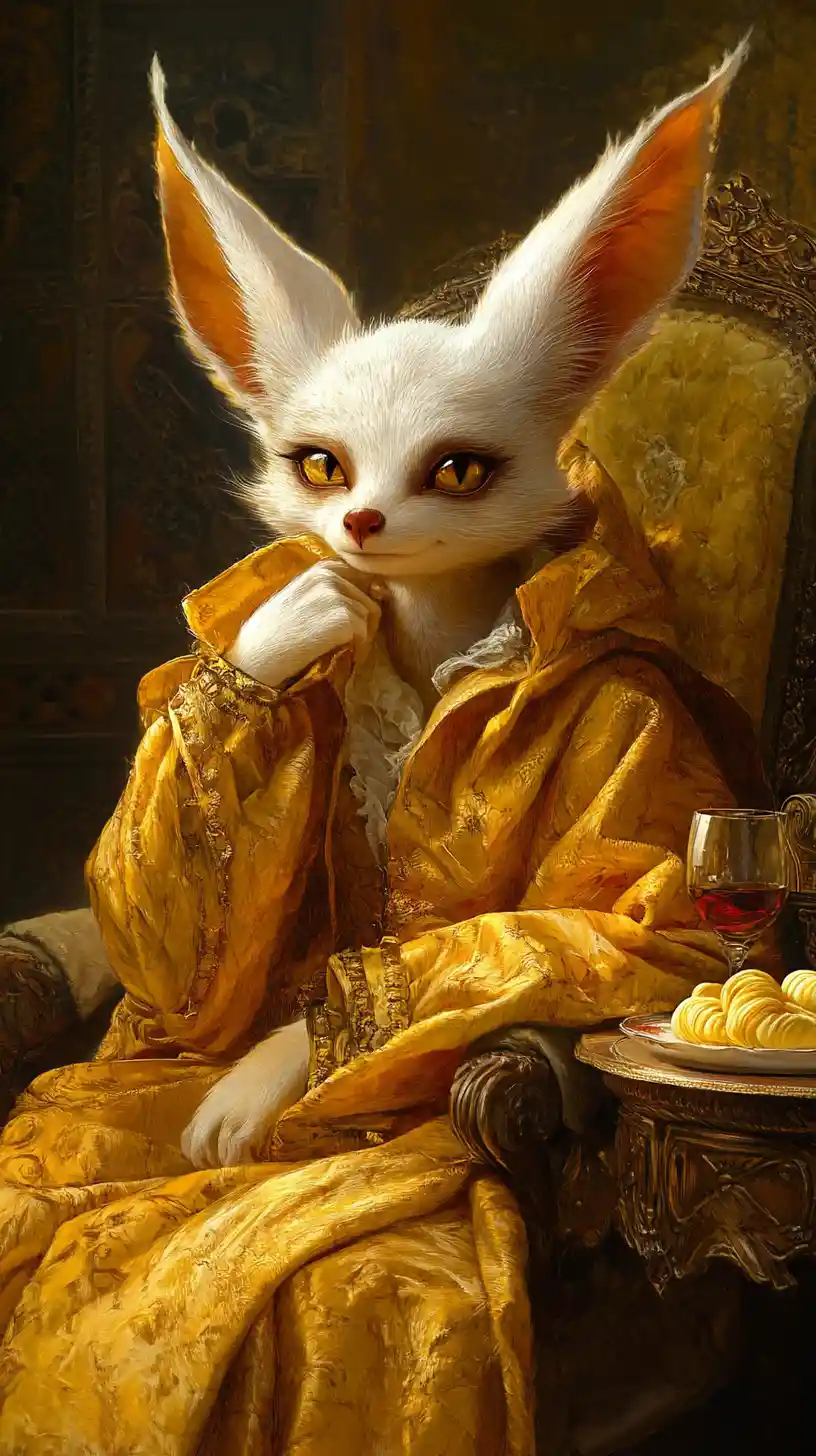 Anthropomorphic fennec empress on a throne at golden hour