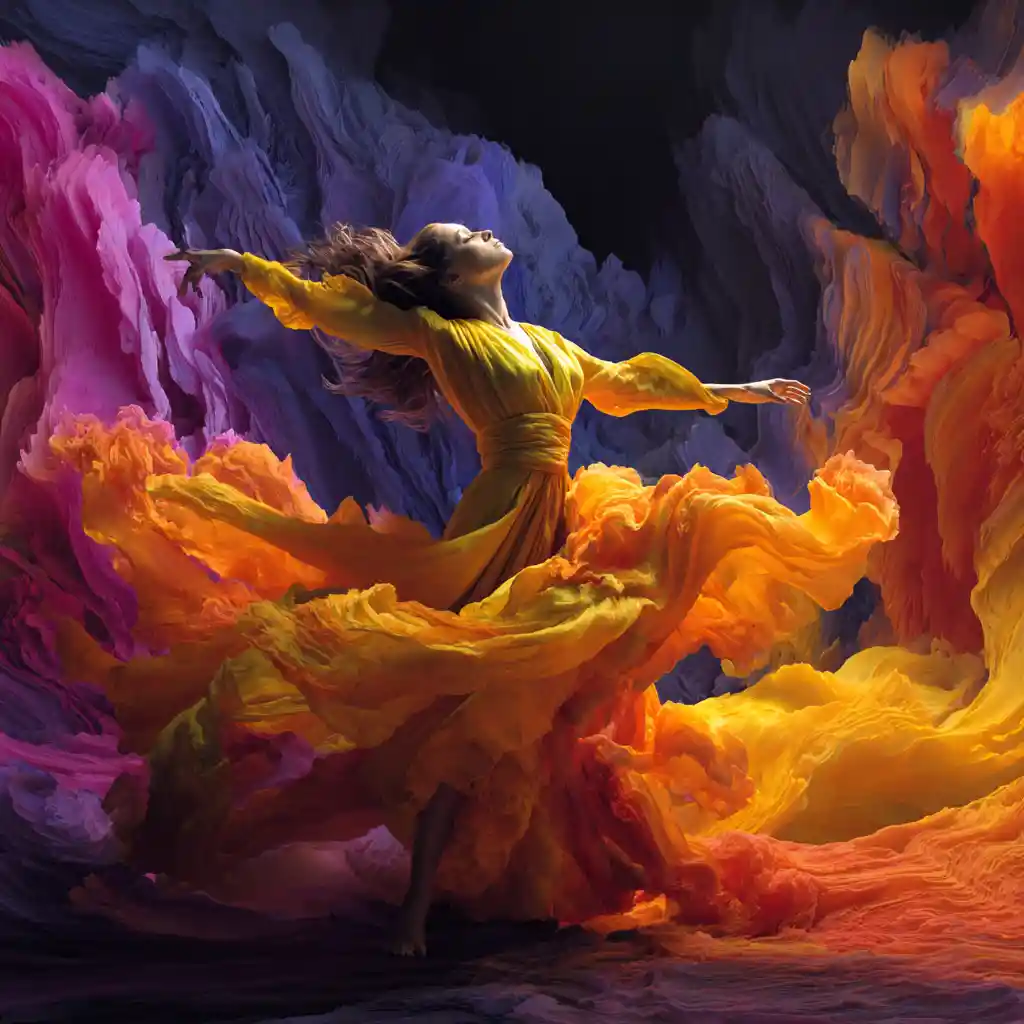 Colorful woman dancing in a swirling storm of ink