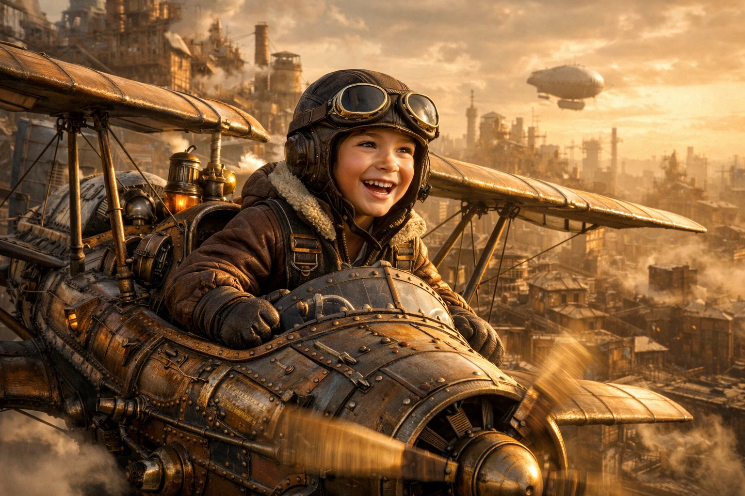 Joven aviador alegre volando sobre una ciudad steampunk
