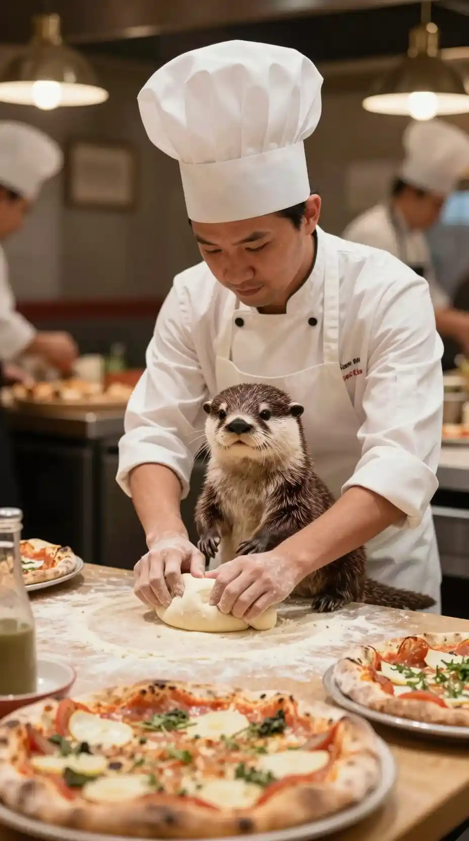 Otter-Pizzabäcker knetet Teig in italienischer Restaurantküche