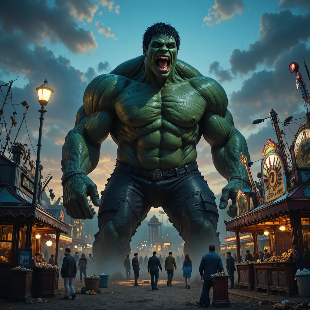 Grottesco gigante verde incombente su un luna park oscuro