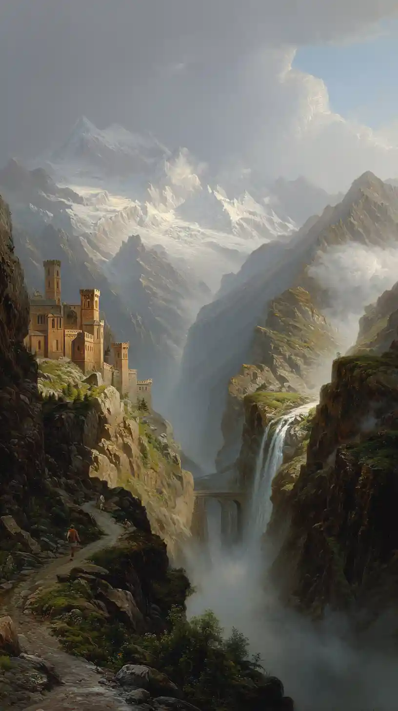 Romantic mountain valley with castle and waterfall