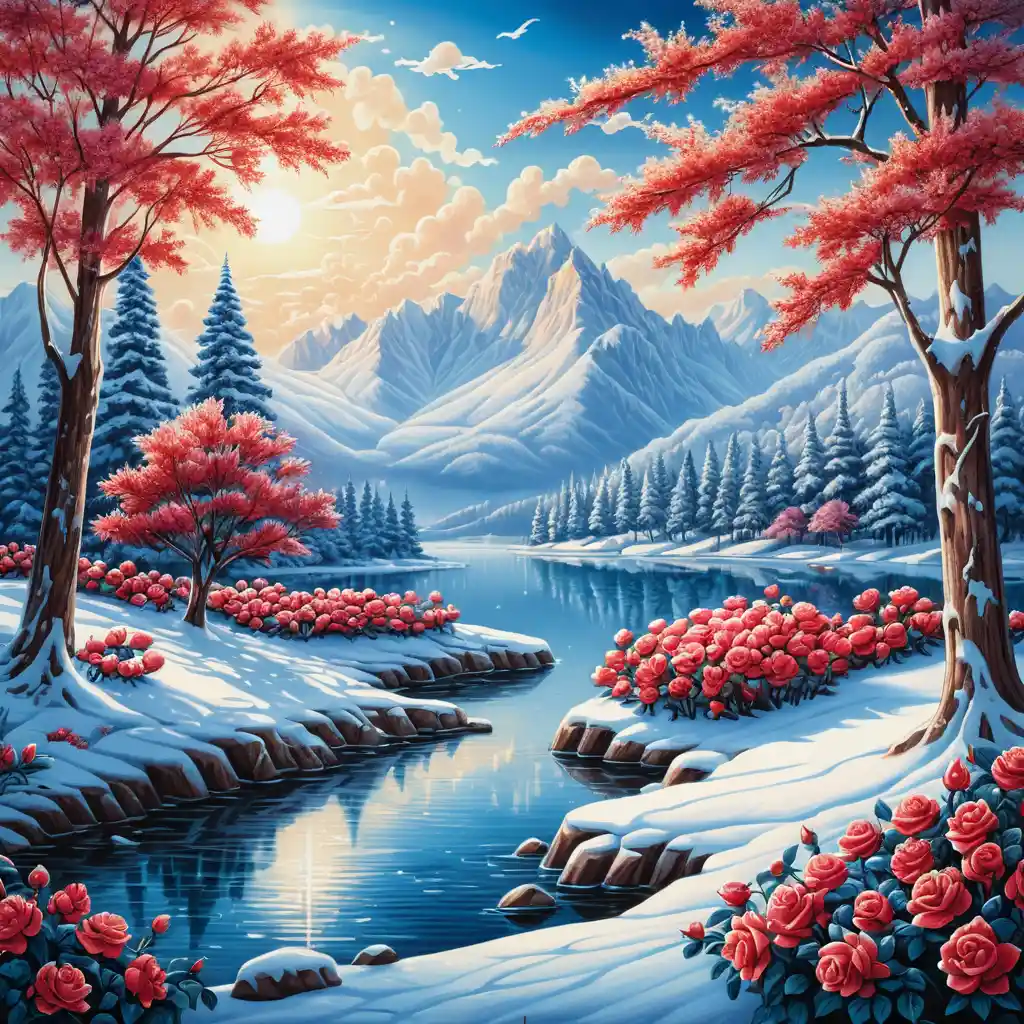 Snowy winter meadow with trees and distant mountain lake