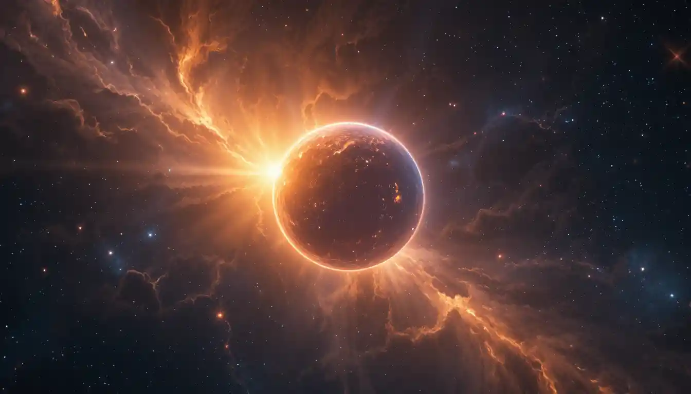 Planeta resplandeciente bajo un vasto cielo cósmico lleno de estrellas